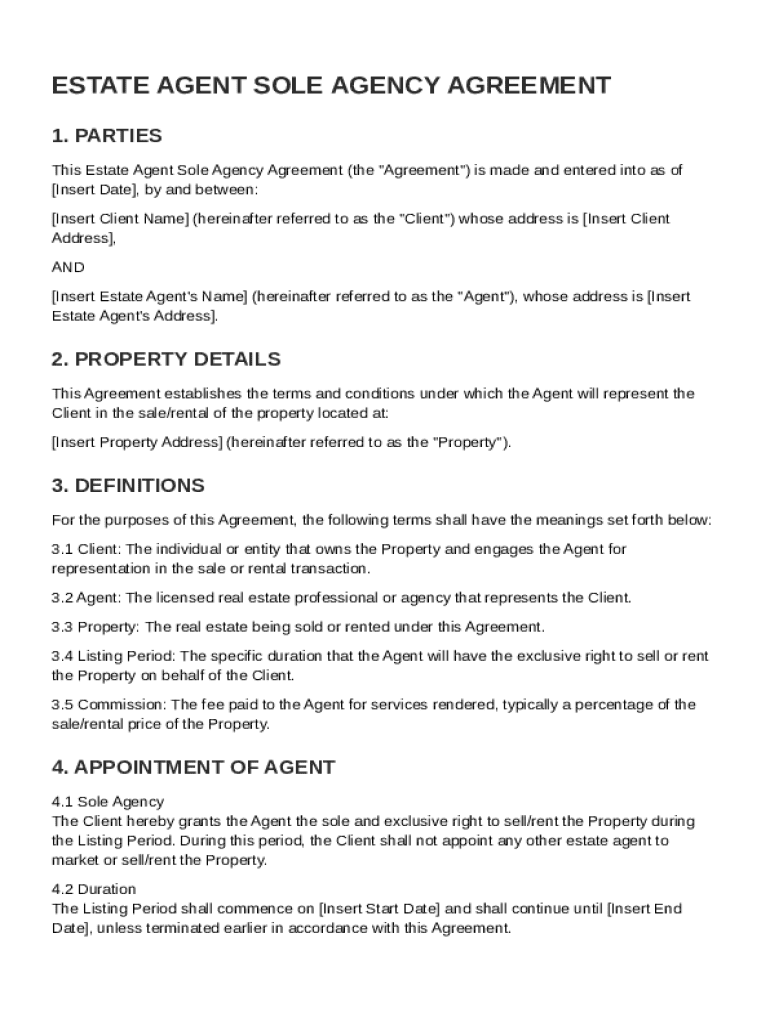 Estate Agent Sole Agency Agreement Template Preview on Page 1