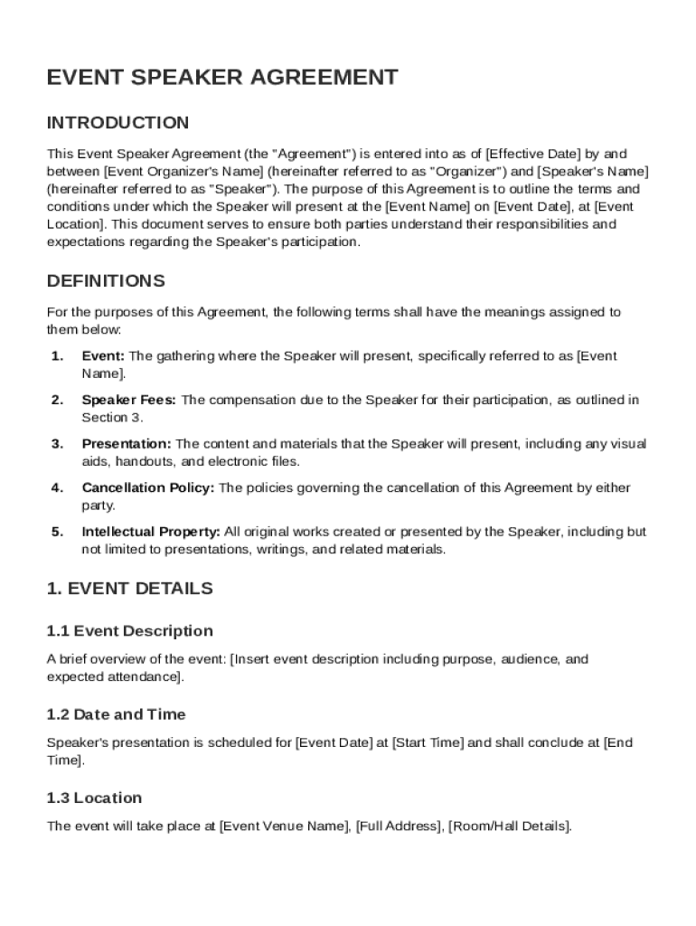 Event Speaker Agreement Template Preview on Page 1