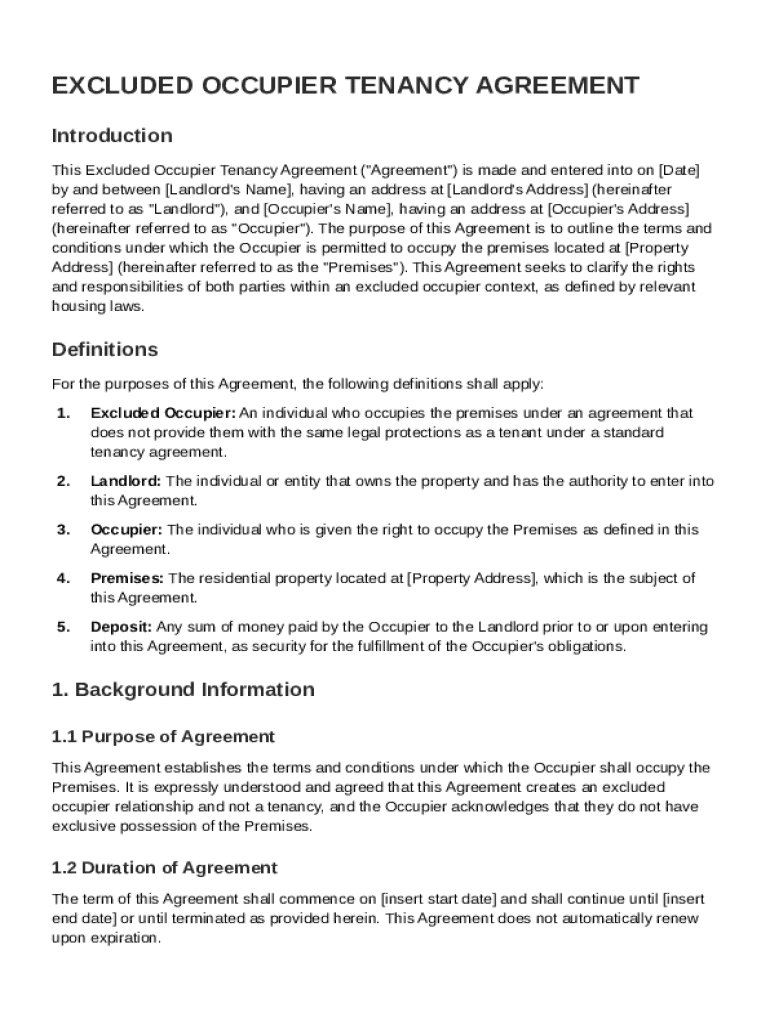 Excluded Occupier Tenancy Agreement Template Preview on Page 1