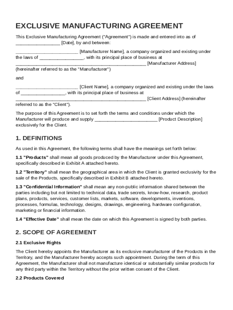 Exclusive Manufacturing Agreement Template Preview on Page 1
