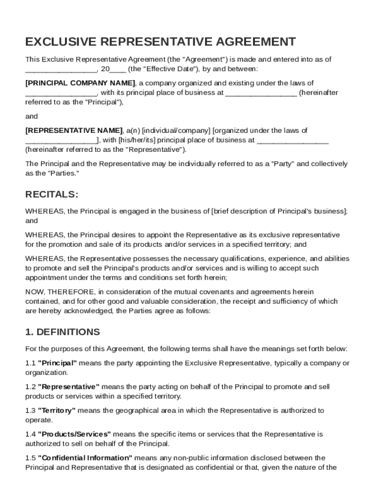 Exclusive Representative Agreement Template Preview on Page 1