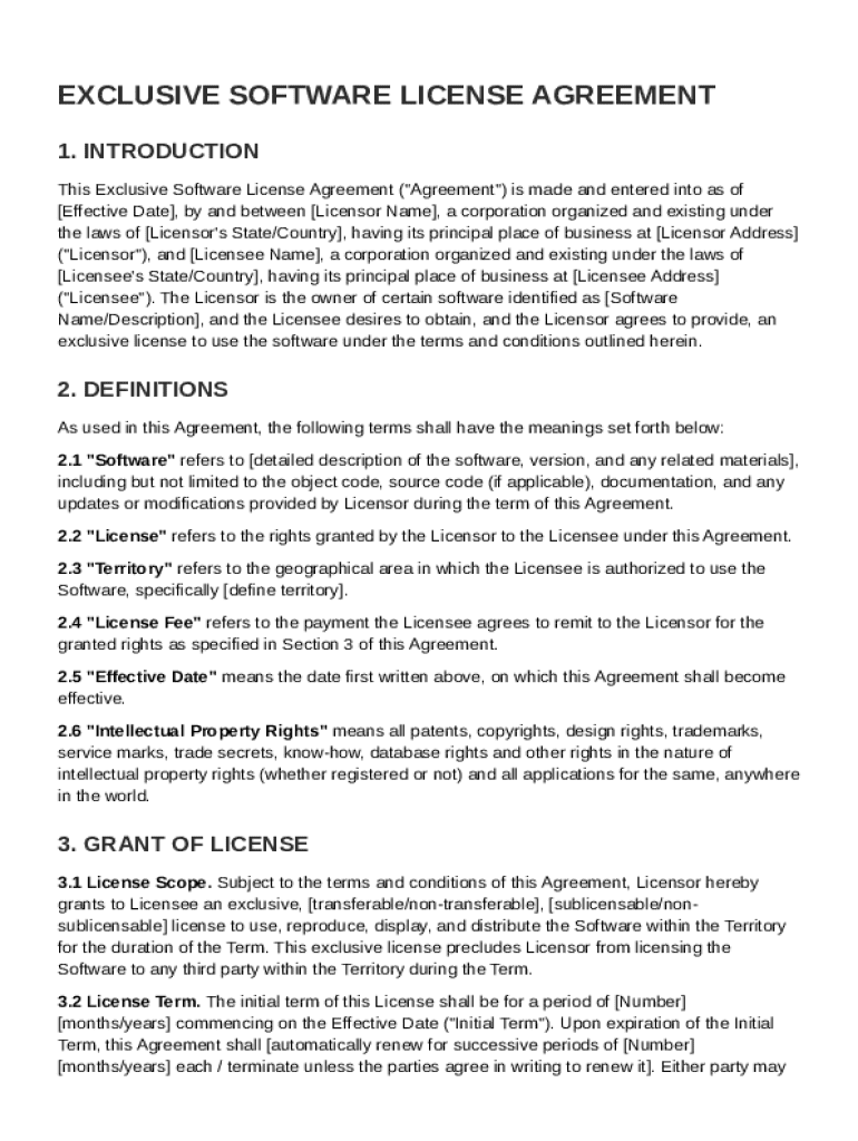 Exclusive Software License Agreement Template Preview on Page 1