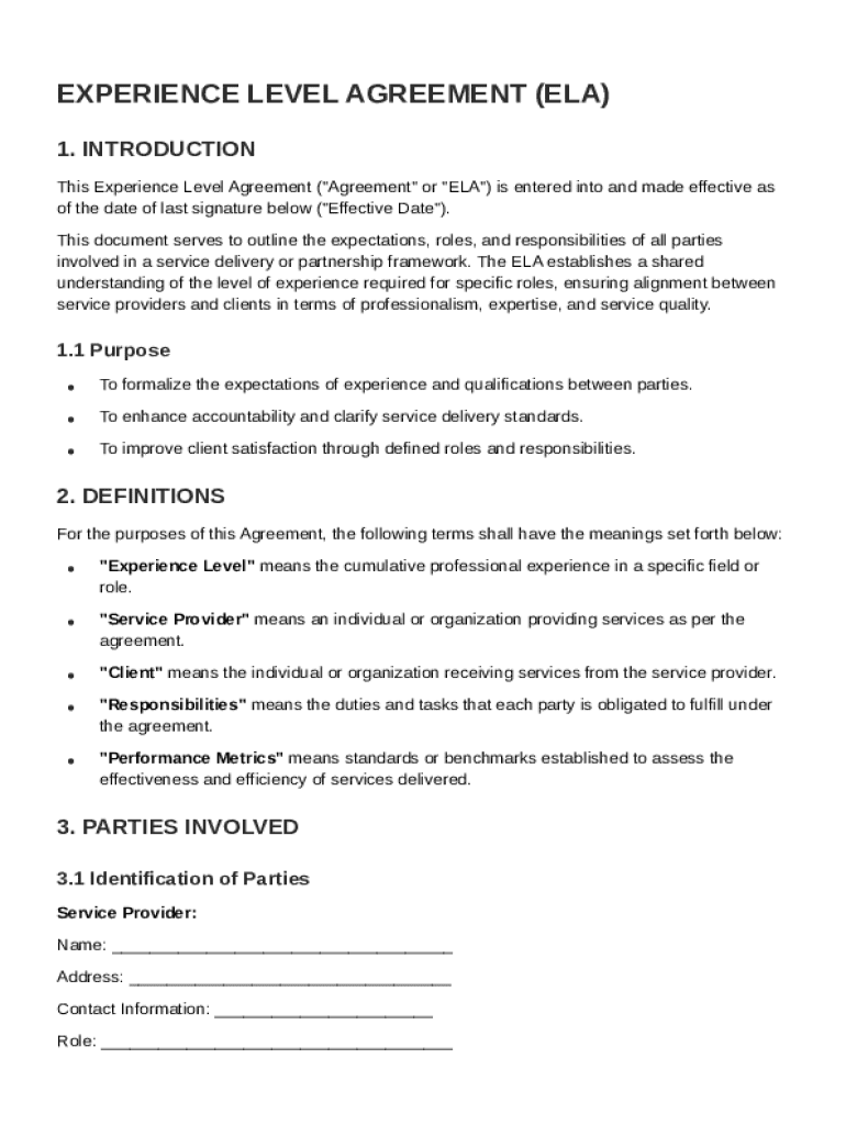 Experience Level Agreement Template Preview on Page 1