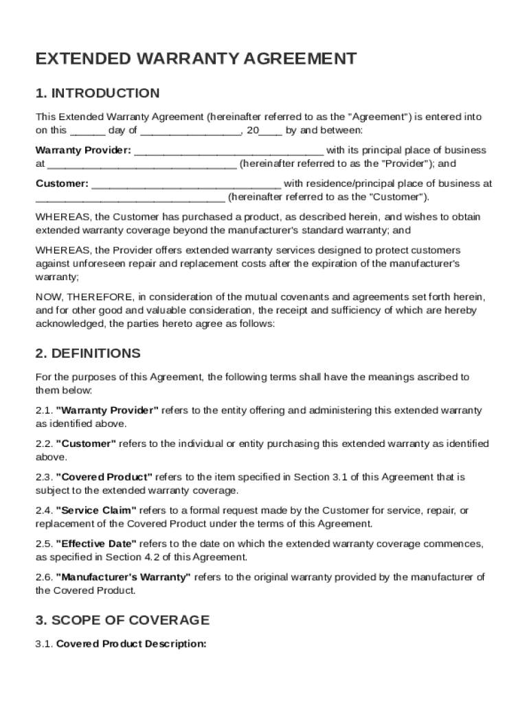 Extended Warranty Agreement Template Preview on Page 1