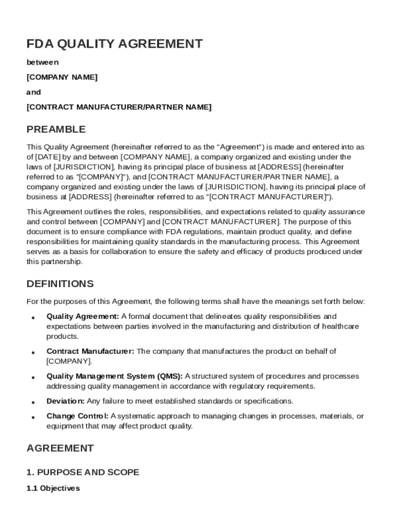 FDA Quality Agreement Template Preview on Page 1