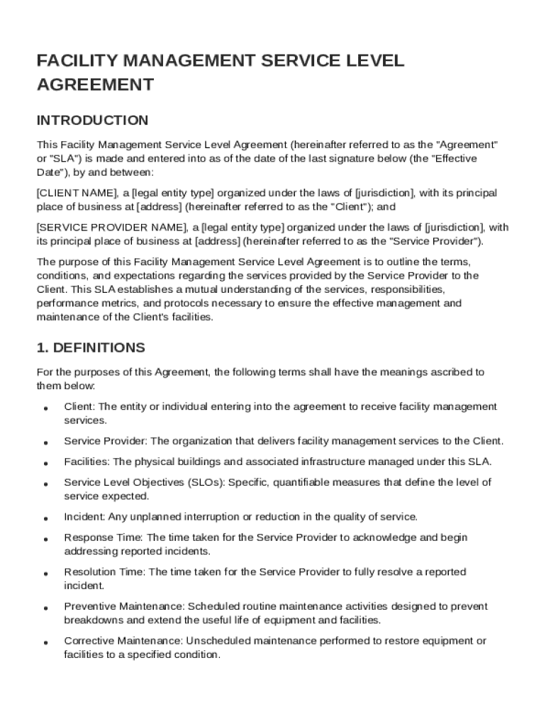 Facility Management Service Level Agreement Template Preview on Page 1