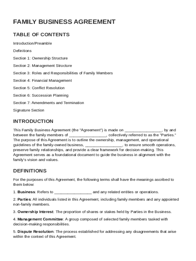 Family Business Agreement Template Preview on Page 1