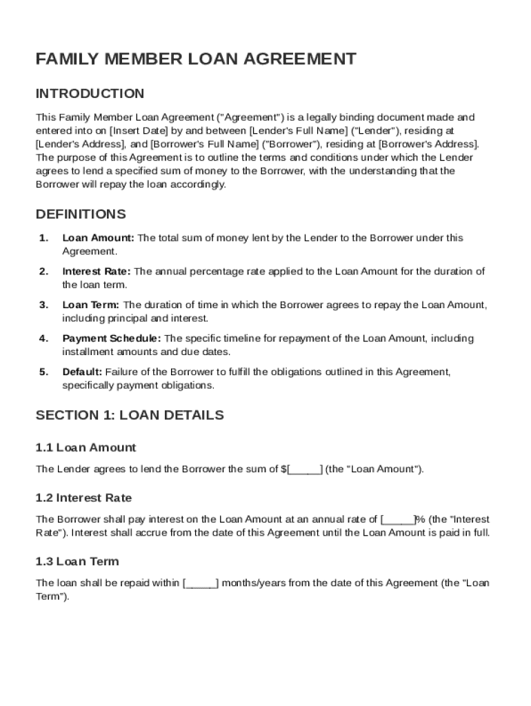 Family Member Loan Agreement Template Preview on Page 1