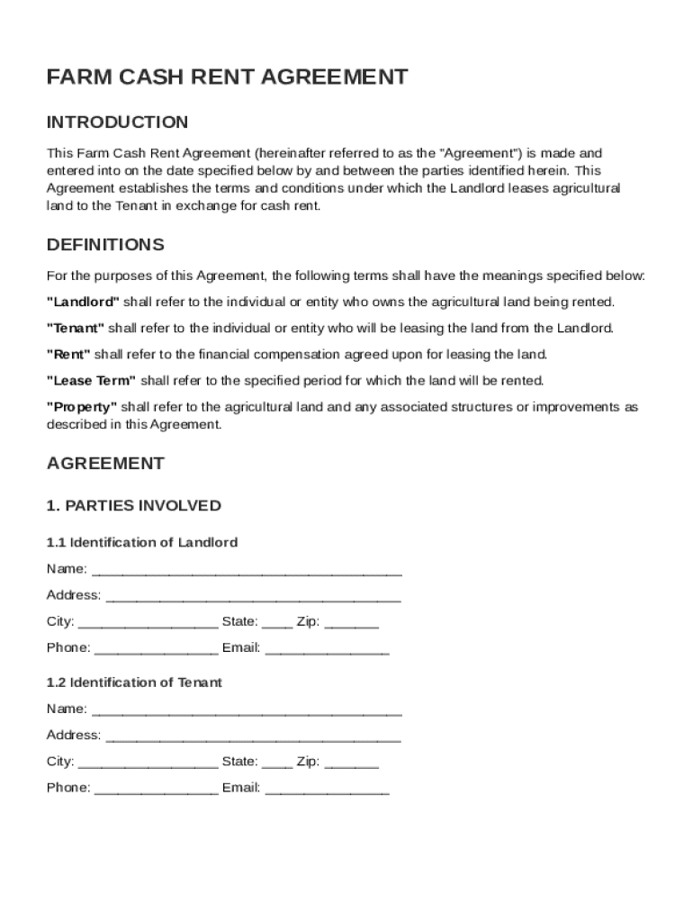 Farm Cash Rent Agreement Template Preview on Page 1