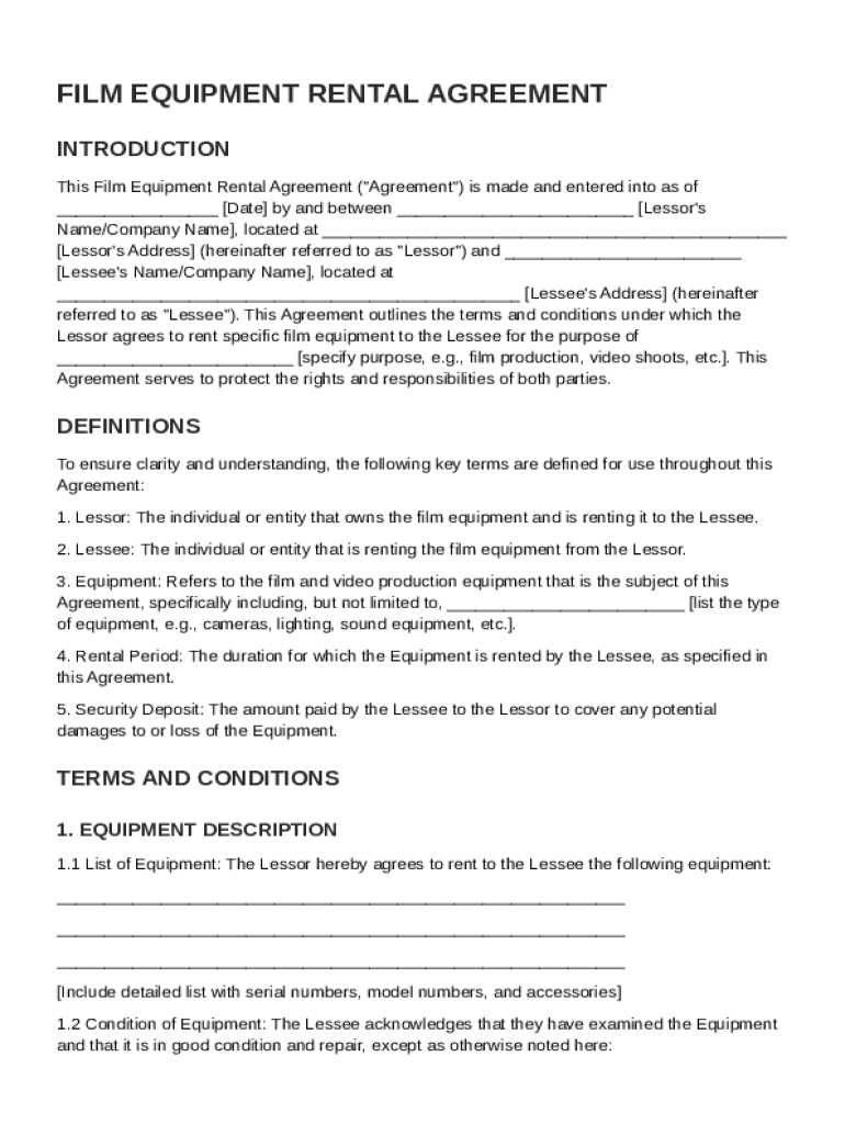 Film Equipment Rental Agreement Template Preview on Page 1