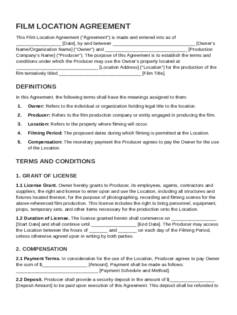 Film Location Agreement Template Preview on Page 1