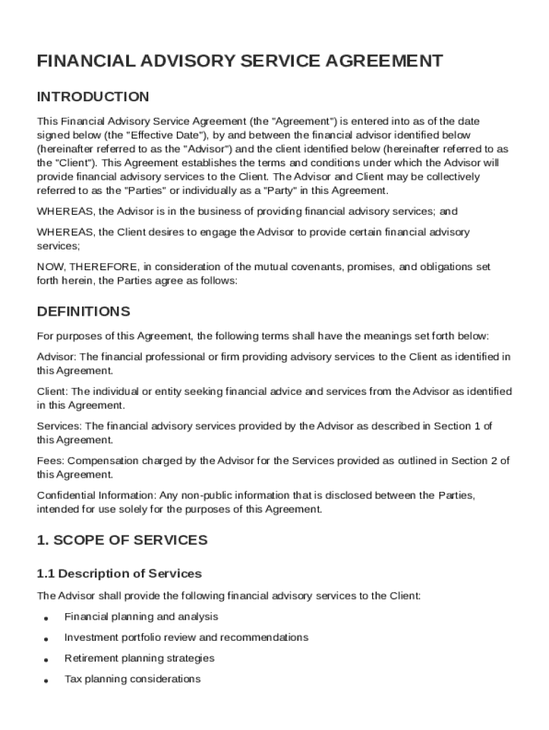 Financial Advisory Service Agreement Template Preview on Page 1