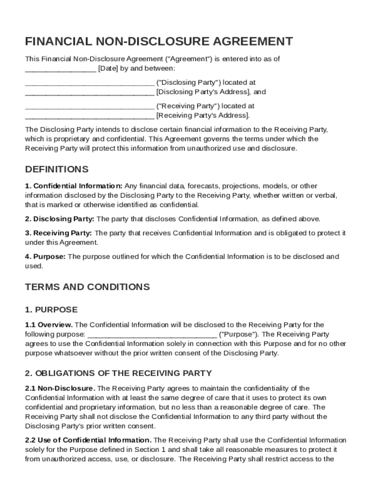 Financial Non Disclosure Agreement Template Preview on Page 1