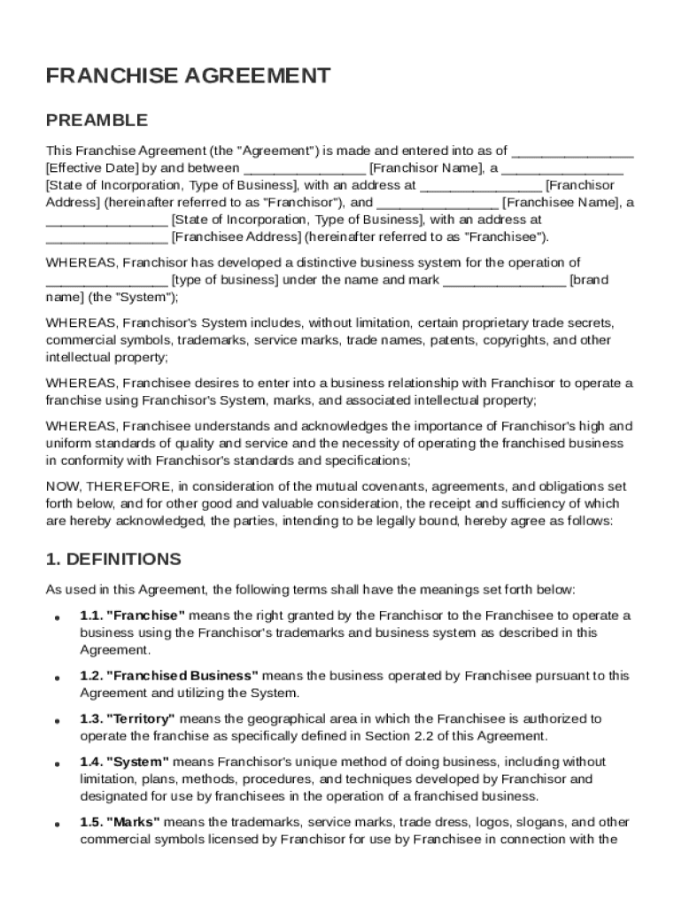 Franchise Agreement Template Preview on Page 1