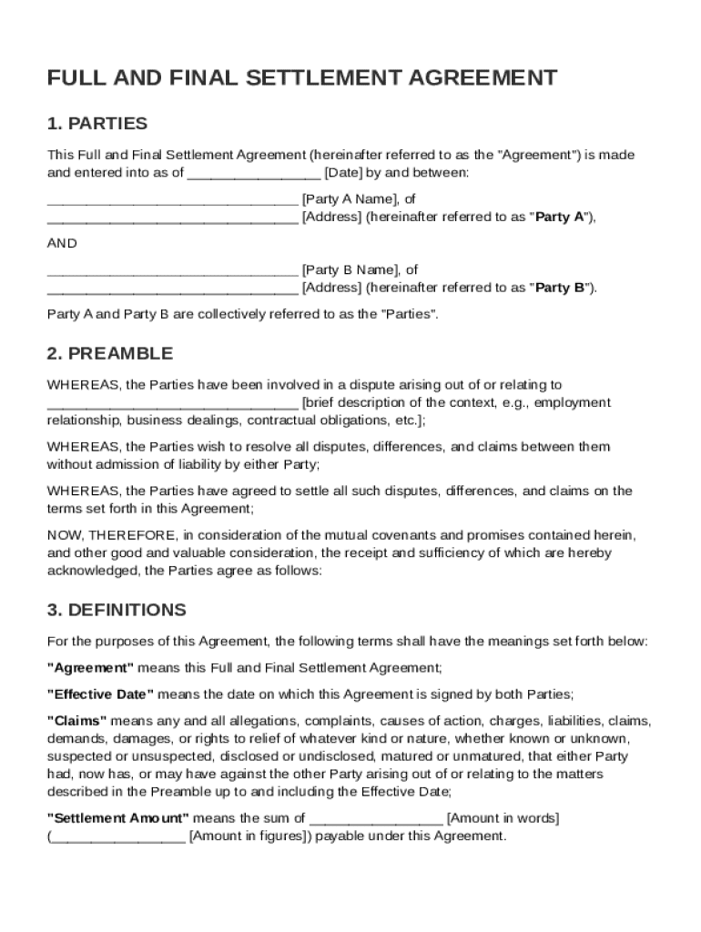Full and Final Settlement Agreement Template Preview on Page 1