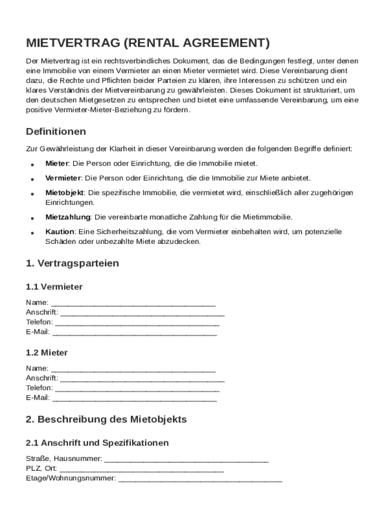 German Rental Agreement Template Preview on Page 1