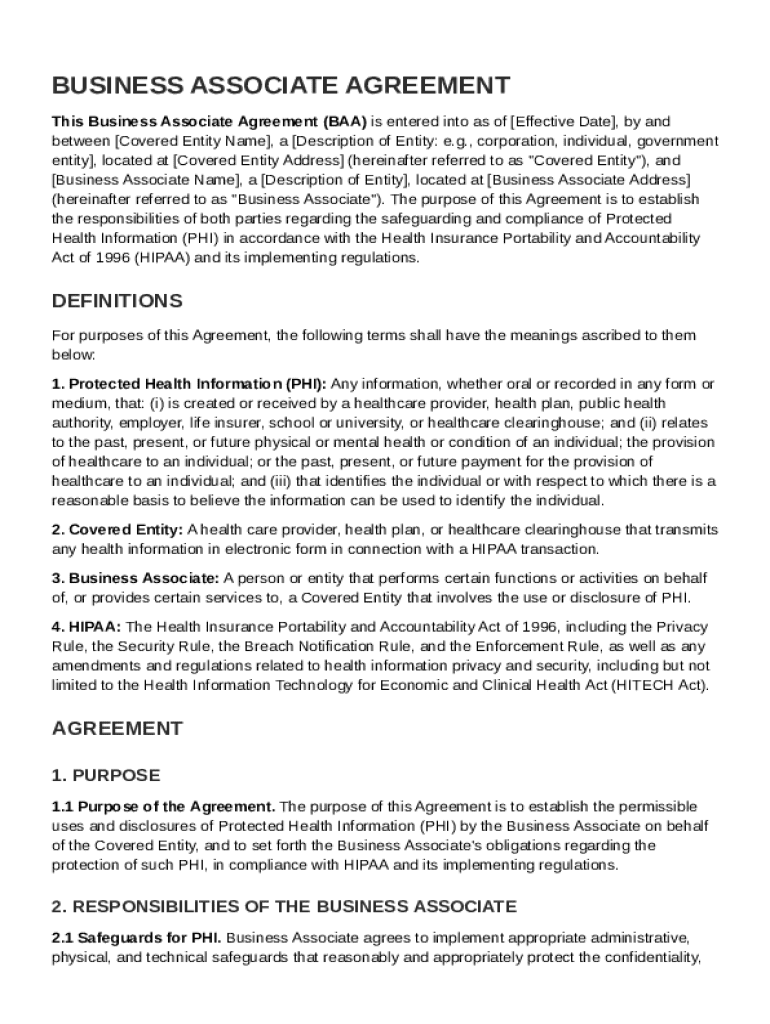 HIPAA Compliant Business Associate Agreement Template Preview on Page 1