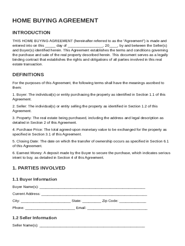 Home Buying Agreement Template Preview on Page 1