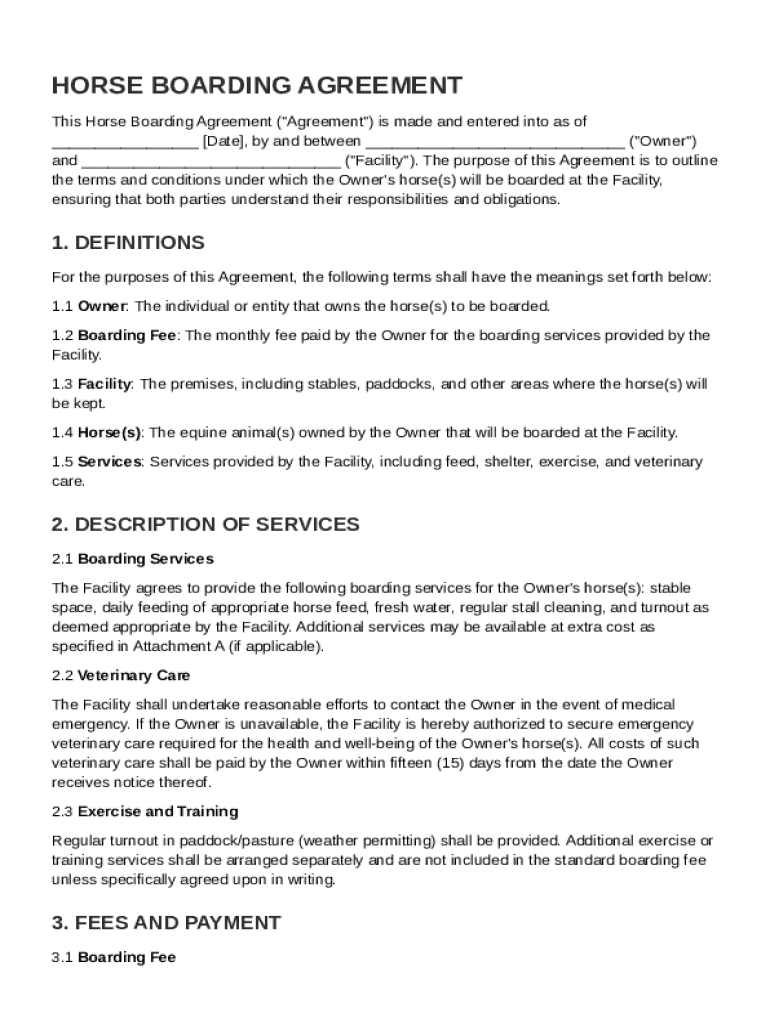 Horse Boarding Agreement Template Preview on Page 1