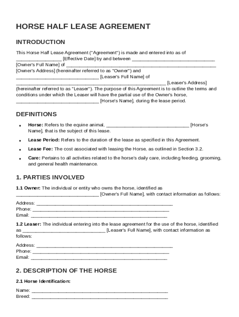 Horse Half Lease Agreement Template Preview on Page 1