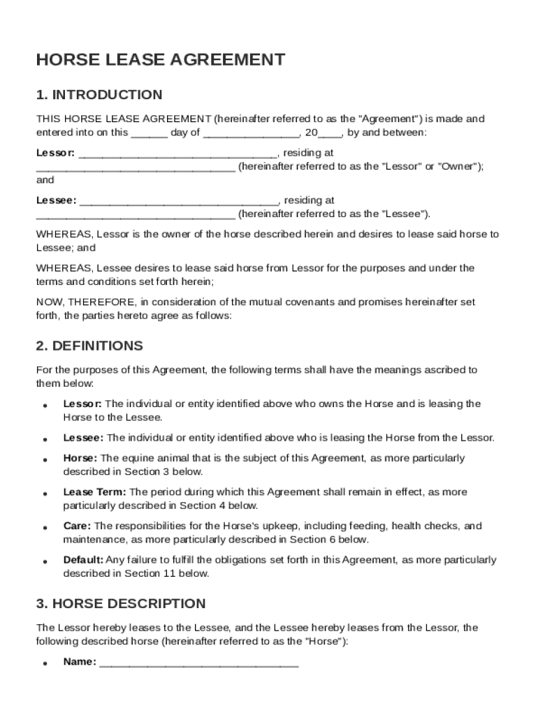 Horse Lease Agreement Template Preview on Page 1