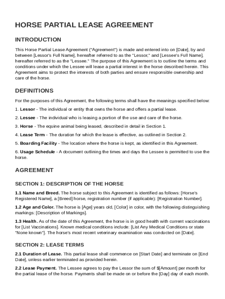 Horse Partial Lease Agreement Template Preview on Page 1