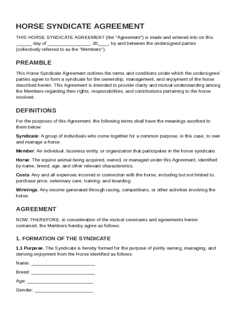Horse Syndicate Agreement Template Preview on Page 1