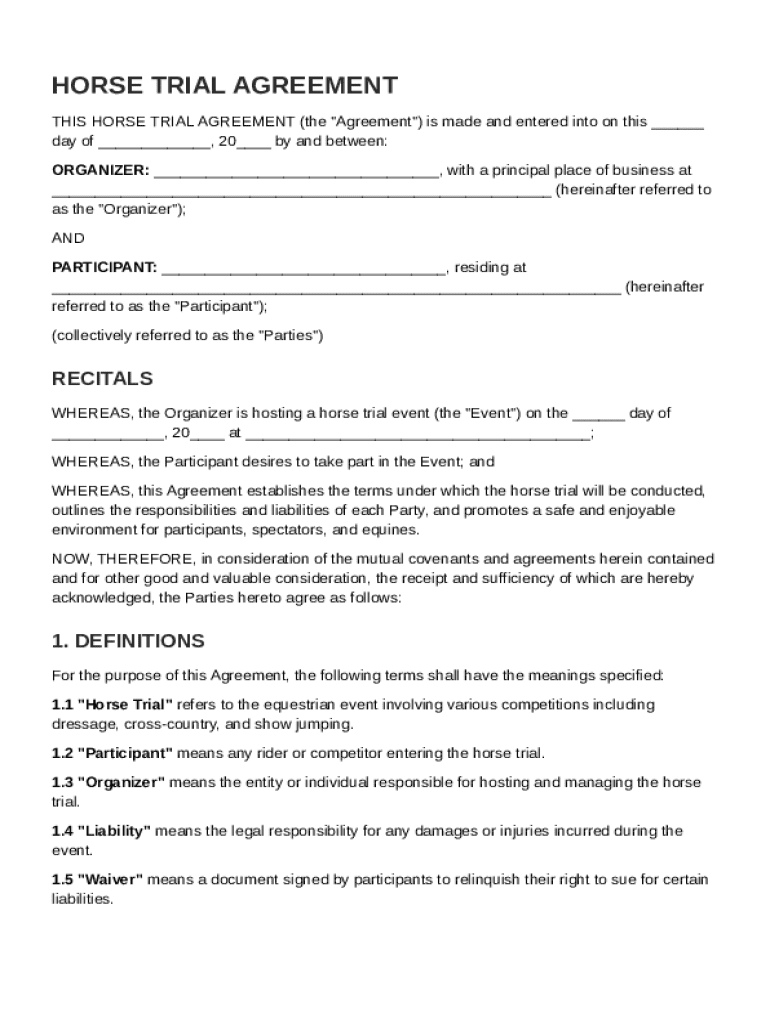 Horse Trial Agreement Template Preview on Page 1