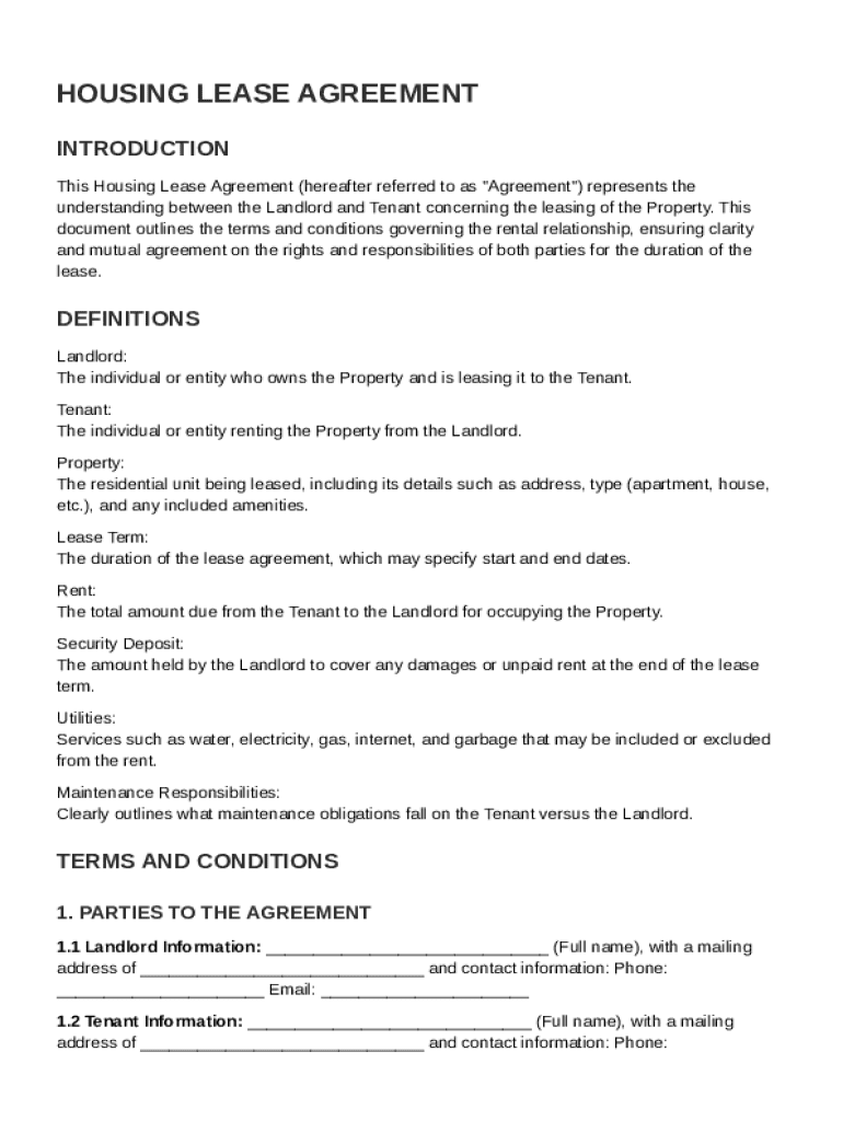 Housing Lease Agreement Template Preview on Page 1