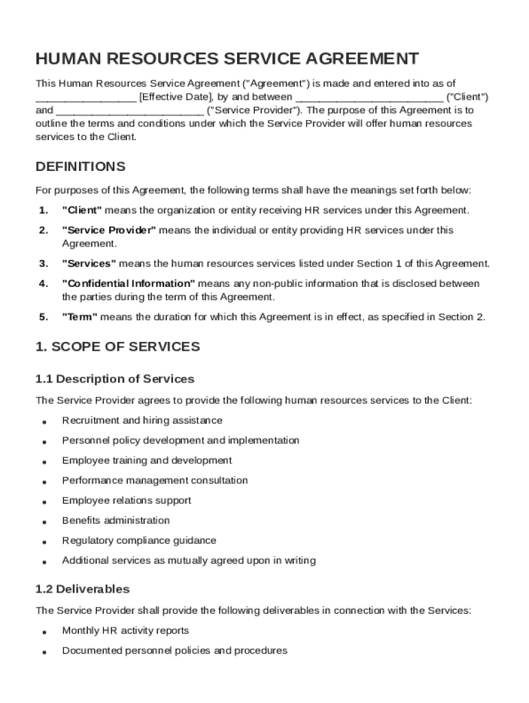 Human Resources Service Agreement Template Preview on Page 1