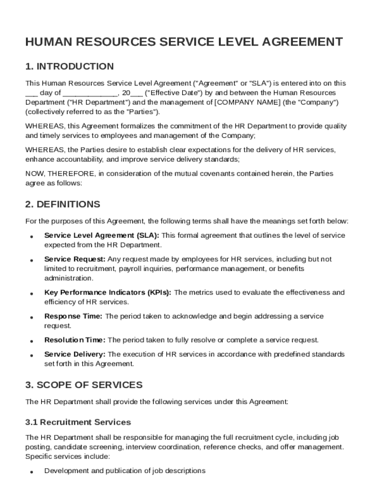 Human Resources Service Level Agreement Template Preview on Page 1