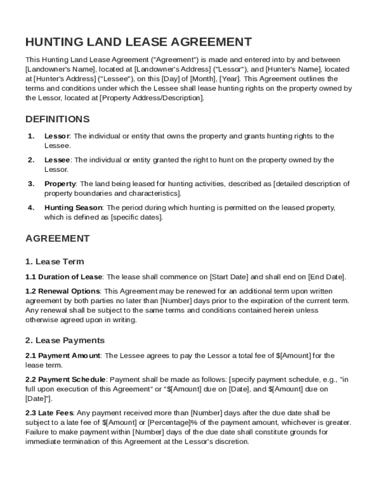Hunting Land Lease Agreement Template Preview on Page 1