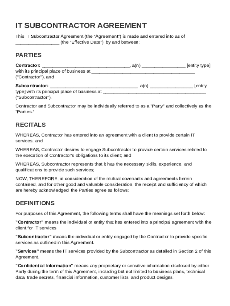 IT Subcontractor Agreement Template Preview on Page 1
