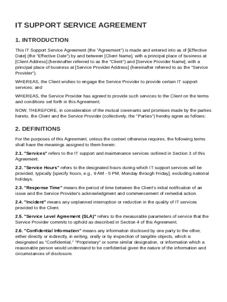 IT Support Service Agreement Template Preview on Page 1