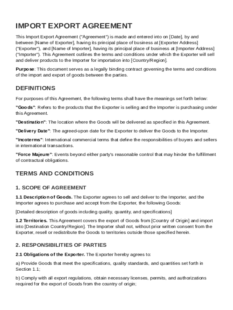 Import Export Agreement Template Preview on Page 1