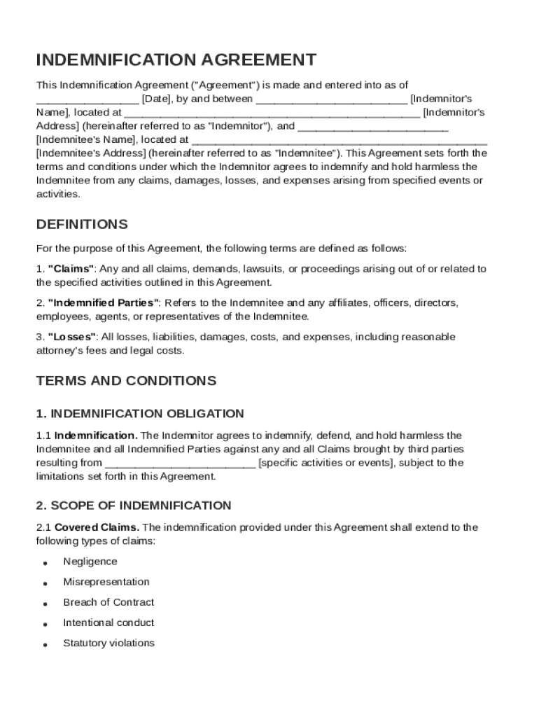 Indemnification Agreement Template Preview on Page 1