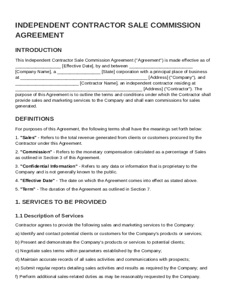 Independent Contractor Sale Commission Agreement Template Preview on Page 1