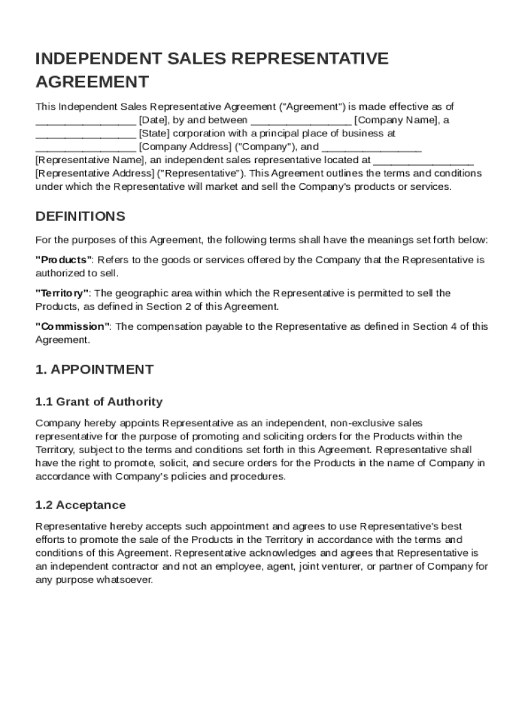 Independent Sale Representative Agreement Template Preview on Page 1