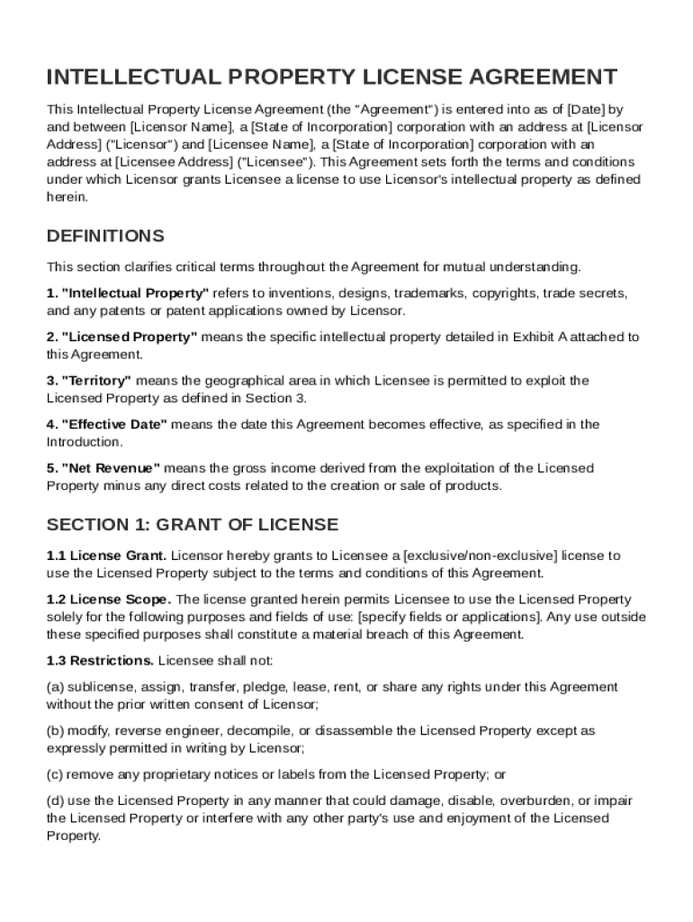 Intellectual Property License Agreement Template Preview on Page 1