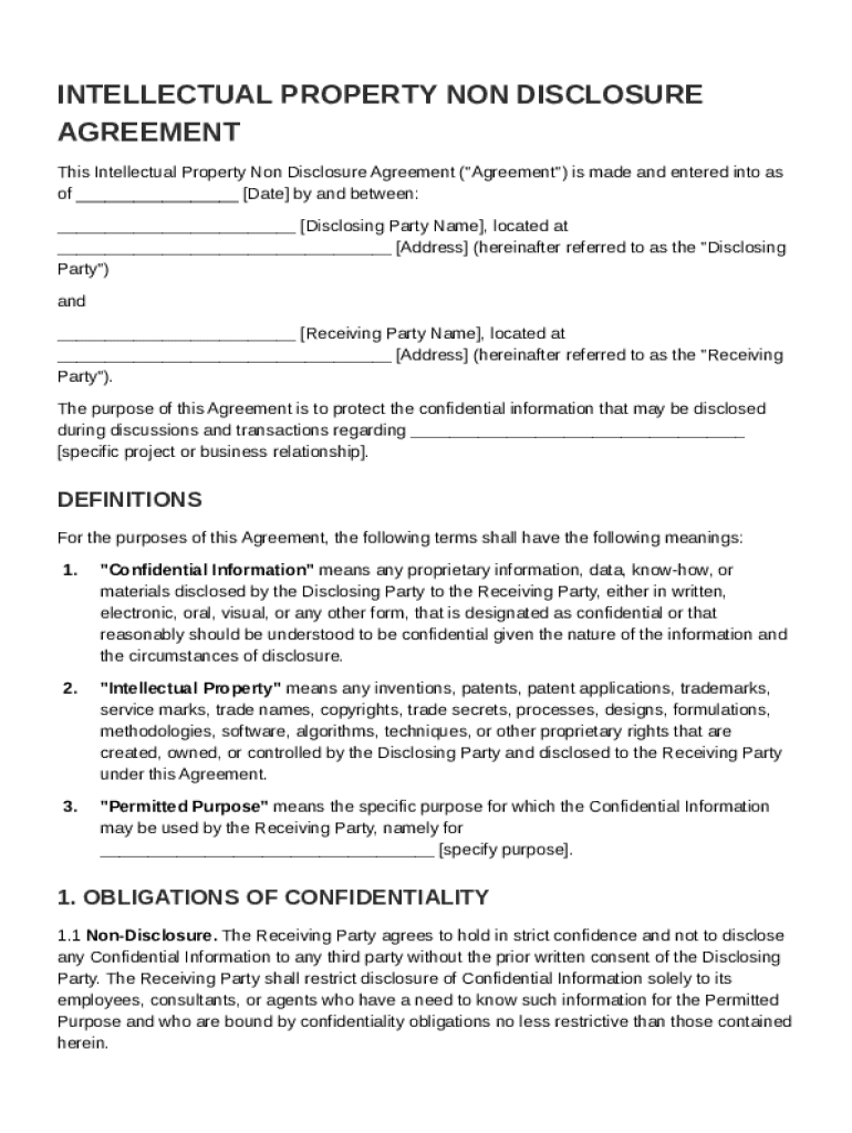 Intellectual Property Non Disclosure Agreement Template Preview on Page 1