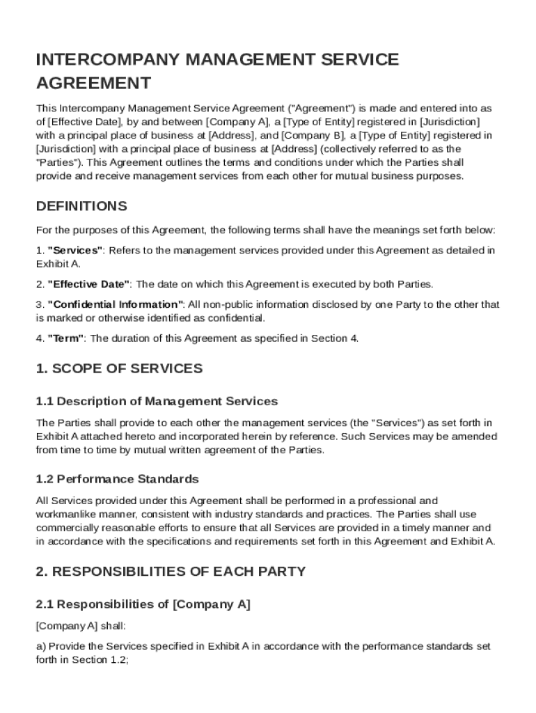 Intercompany Management Service Agreement Template Preview on Page 1