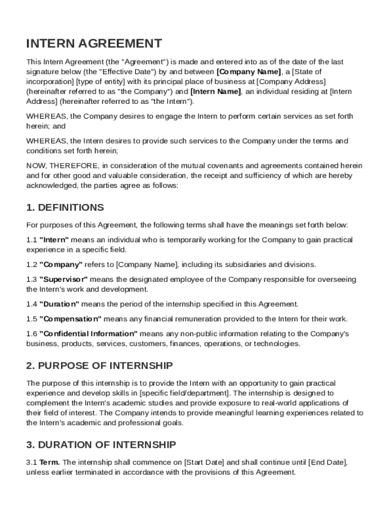 Intern Agreement Template Preview on Page 1