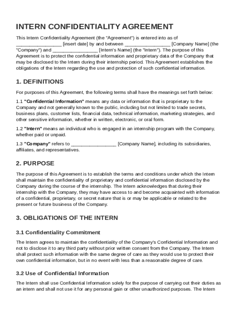 Intern Confidentiality Agreement Template Preview on Page 1