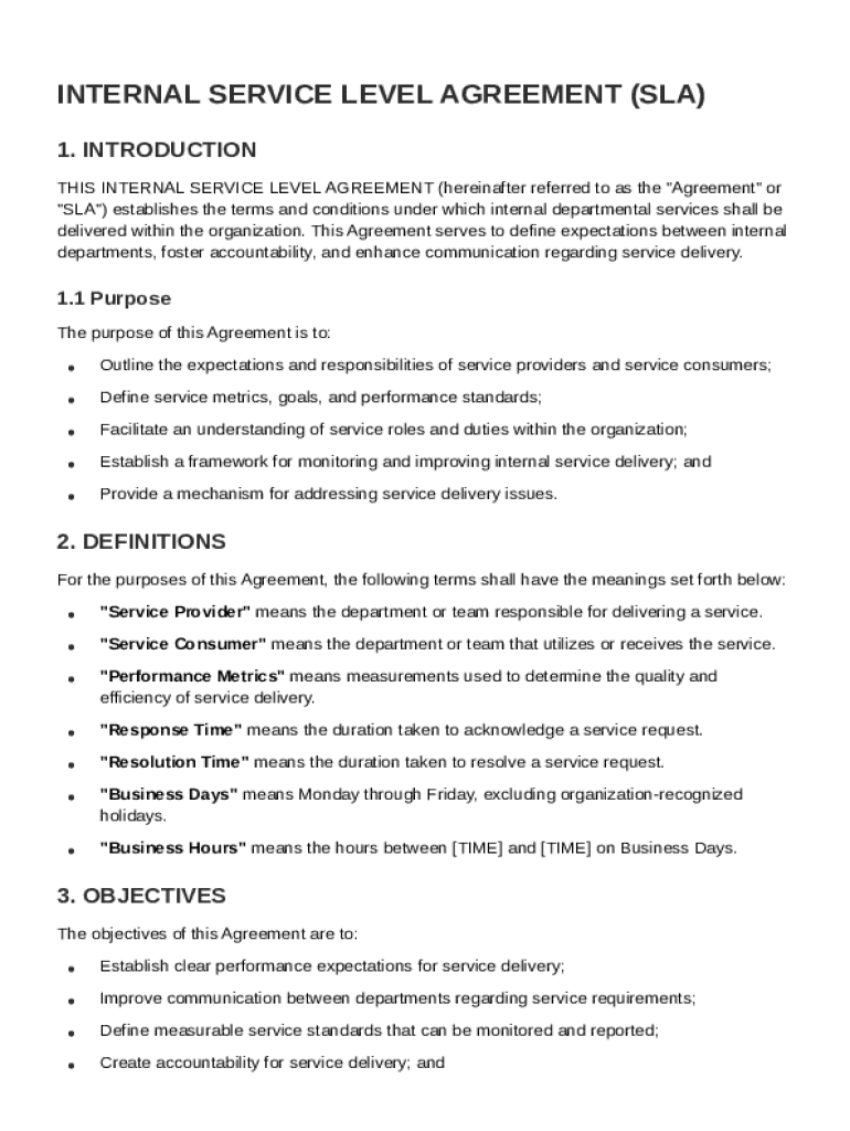 Internal Service Level Agreement Template Preview on Page 1