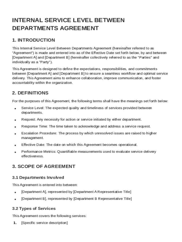 Internal Service Level Between Departments Agreement Template Preview on Page 1