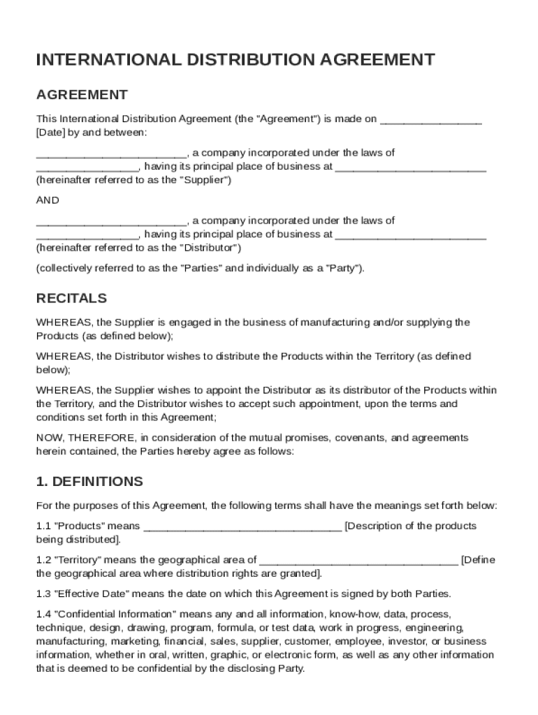 International Distribution Agreement Template Preview on Page 1
