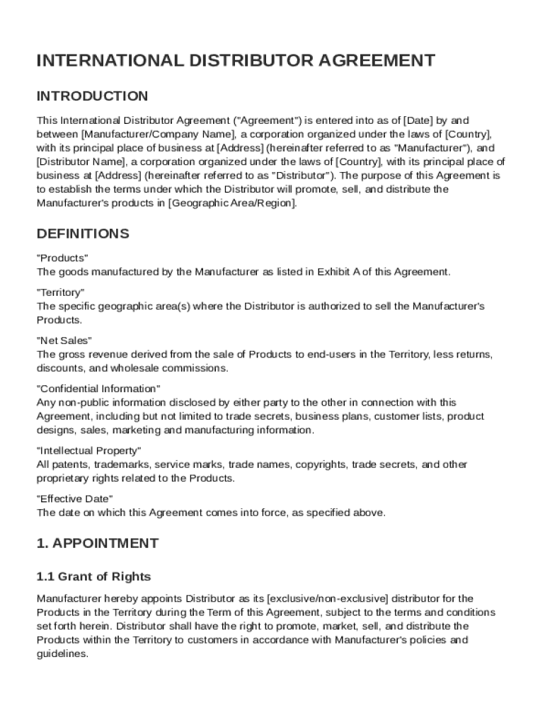 International Distributor Agreement Template Preview on Page 1