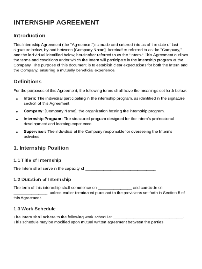 Internship Internship Agreement Template Preview on Page 1