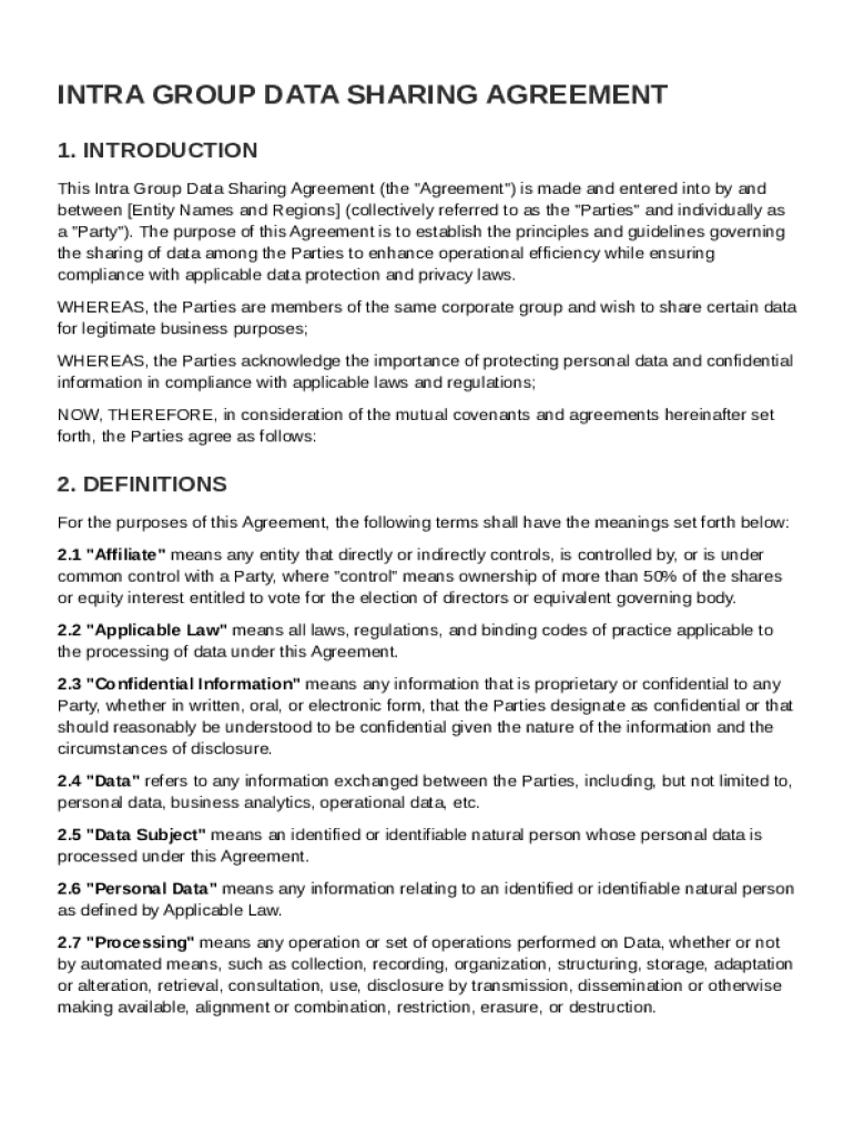 Intra Group Data Sharing Agreement Template Preview on Page 1