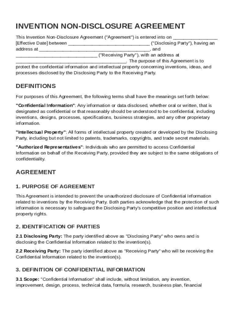 Invention Non Disclosure Agreement Template Preview on Page 1